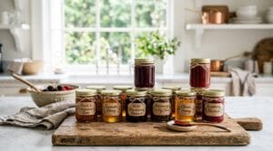 Artisan cottage food products with handwritten labels at a farmers market booth