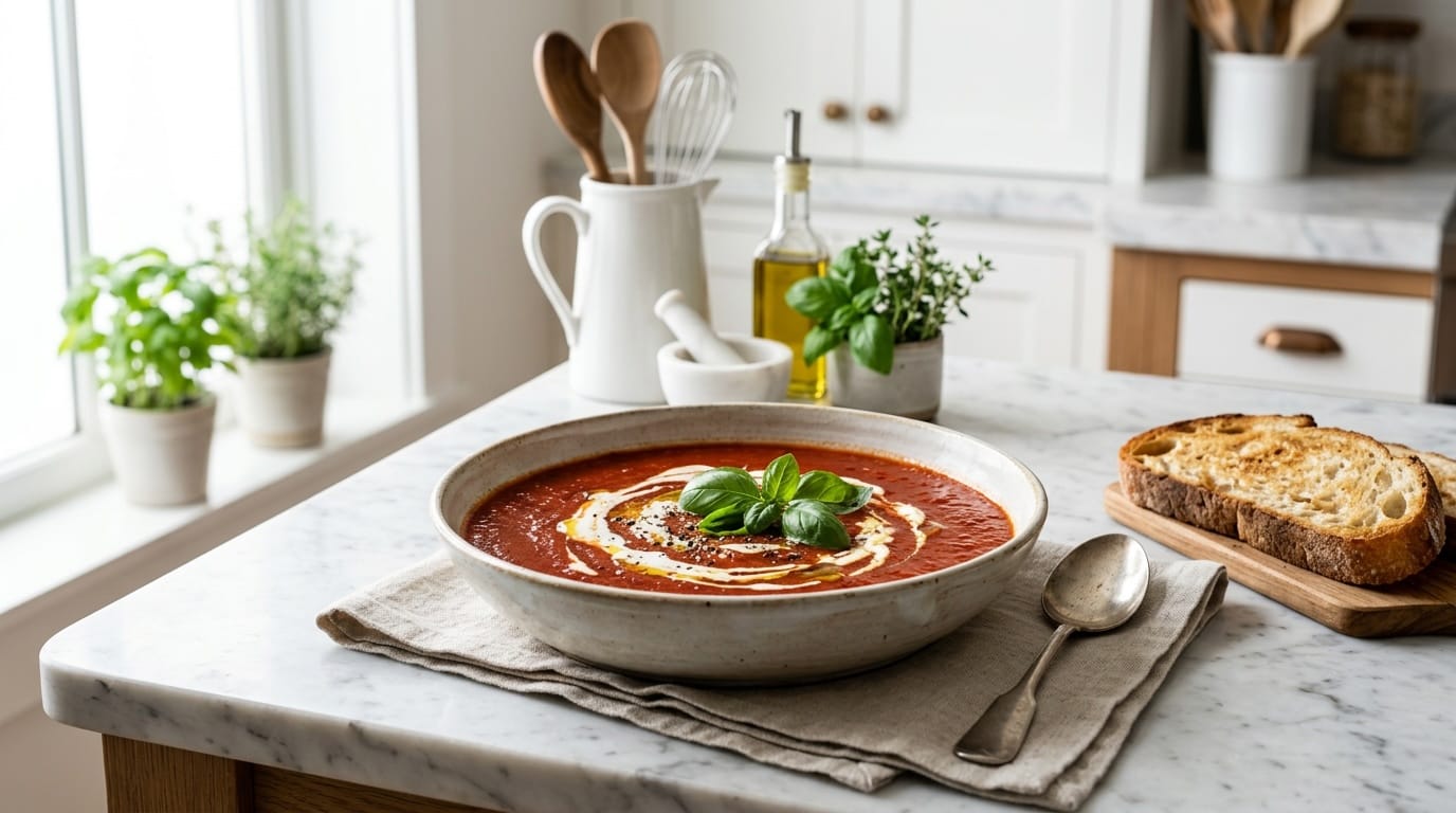 Bowl of deep crimson roasted tomato basil soup garnished with fresh basil leaves and cream swirl