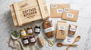 cottage food products packaged for shipping with kraft paper and hand-written labels
