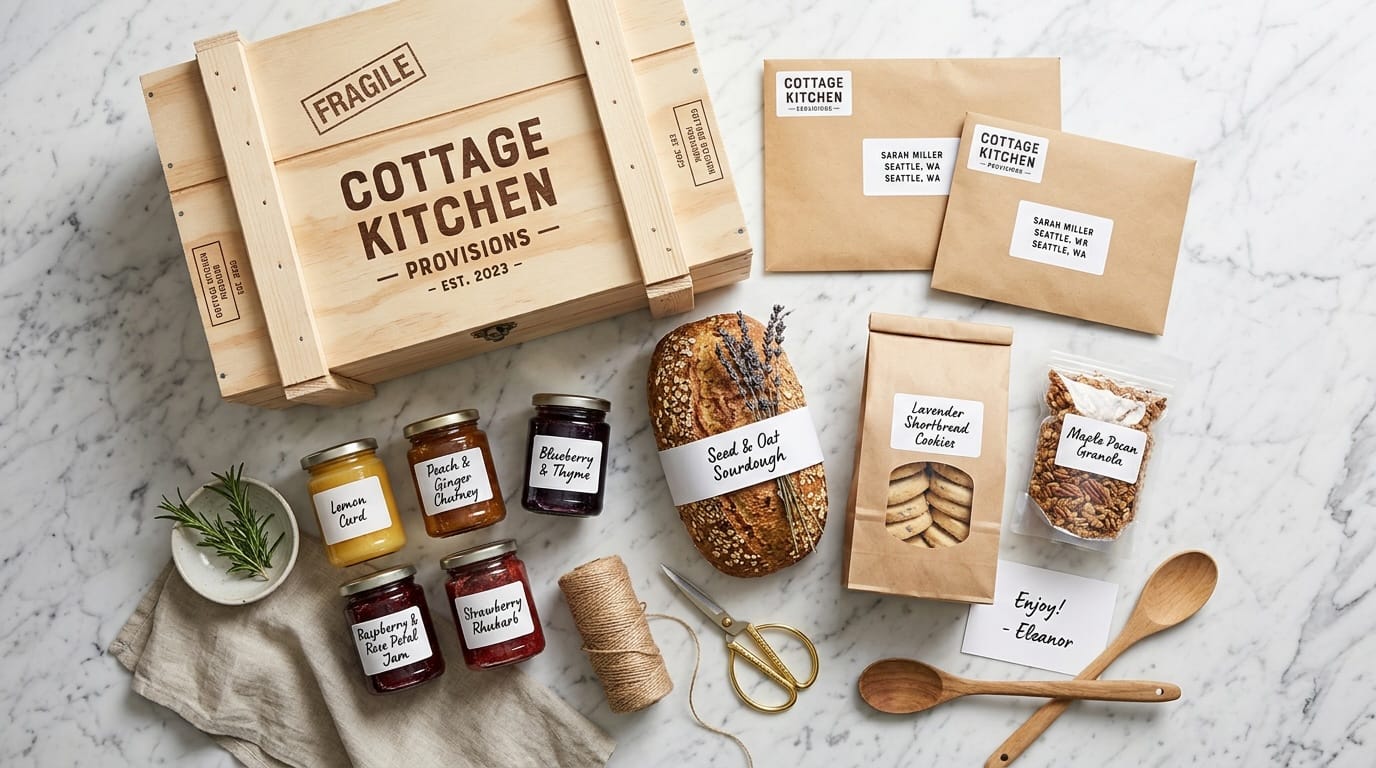 cottage food products packaged for shipping with kraft paper and hand-written labels