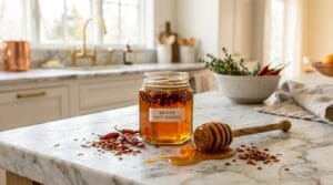 Small-batch hot honey in a glass jar with chili flakes on marble — cottage food recipe