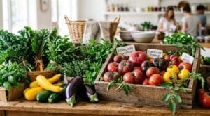 Vibrant farm stand with heirloom tomatoes and summer vegetables on rustic wooden table