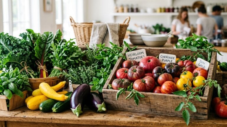 Vibrant farm stand with heirloom tomatoes and summer vegetables on rustic wooden table