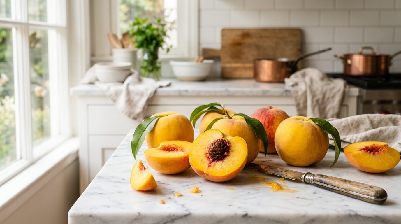 Summer Peach Guide — Farmers Market Peaches — Butter & Sage Market Ripe summer peaches halved and whole on marble with a vintage knife