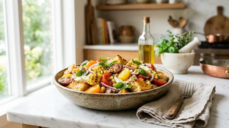Summer tomato panzanella with grilled corn, torn mozzarella, and fresh basil in a ceramic bowl