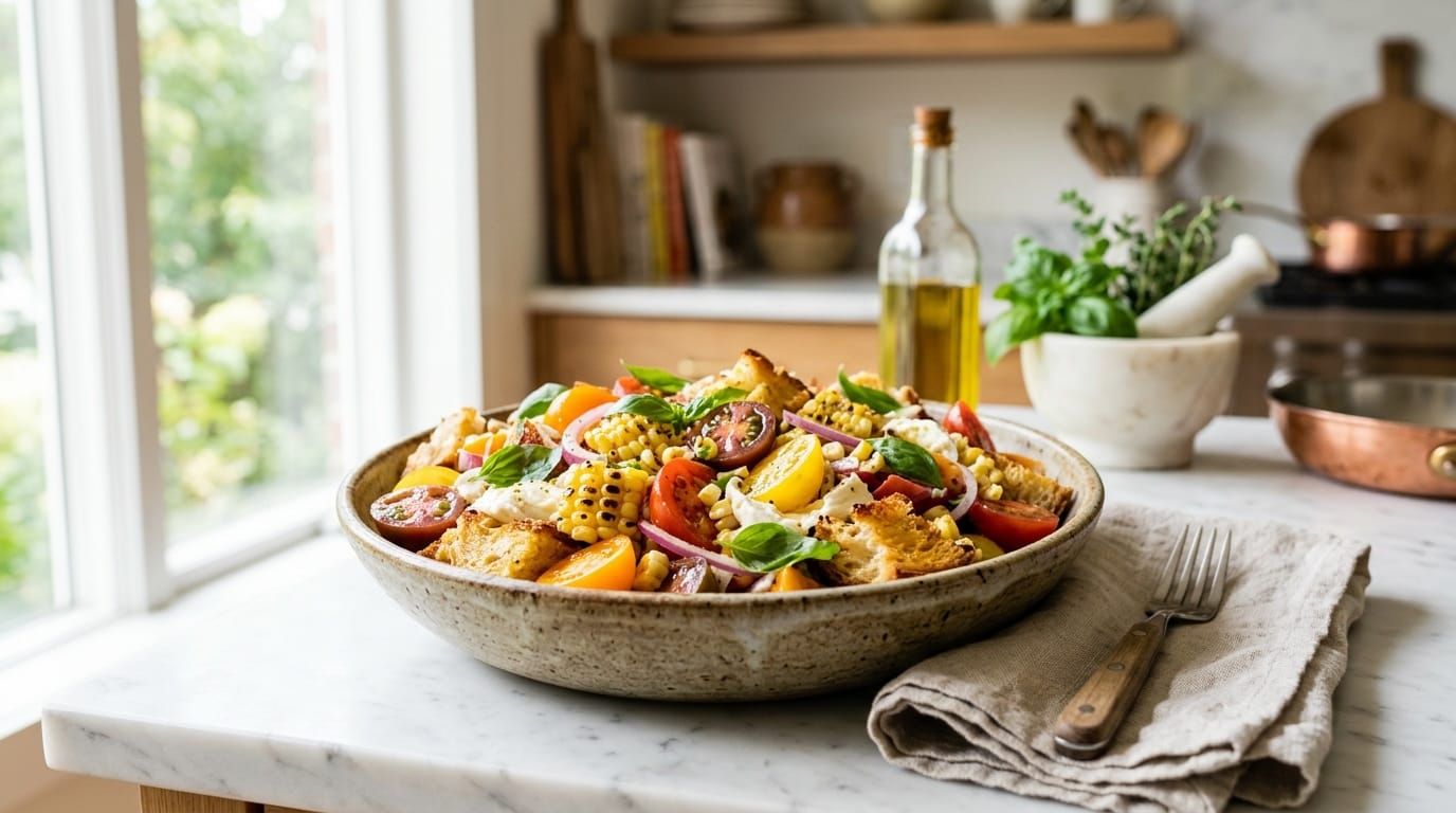 Summer tomato panzanella with grilled corn, torn mozzarella, and fresh basil in a ceramic bowl