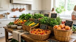 Colorful farmers market table with seasonal vegetables and fruits in wicker baskets