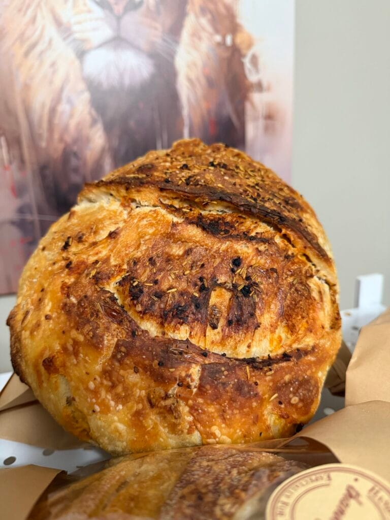 Roasted Garlic-Rosemary-Cheddar Sourdough loaf