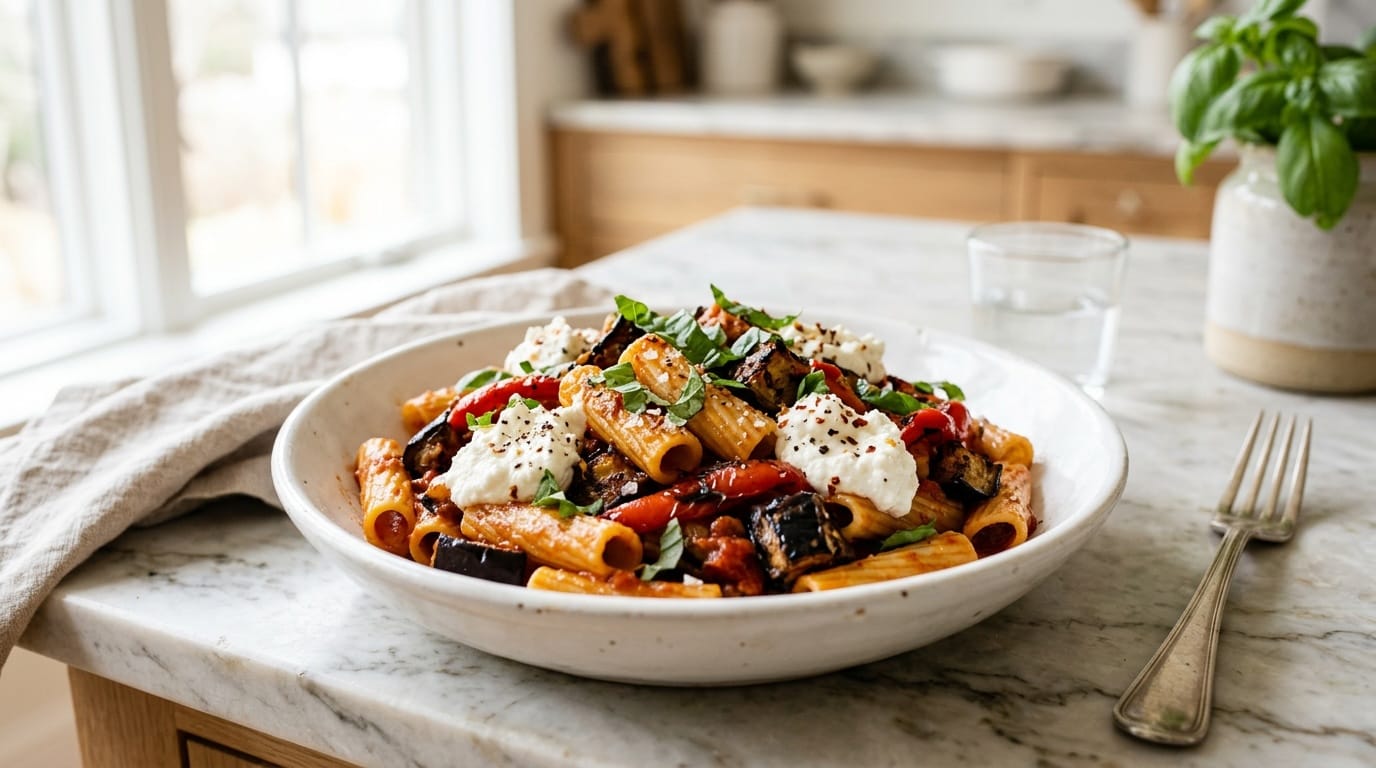 Charred eggplant and sweet pepper pasta with ricotta and basil in a white ceramic bowl