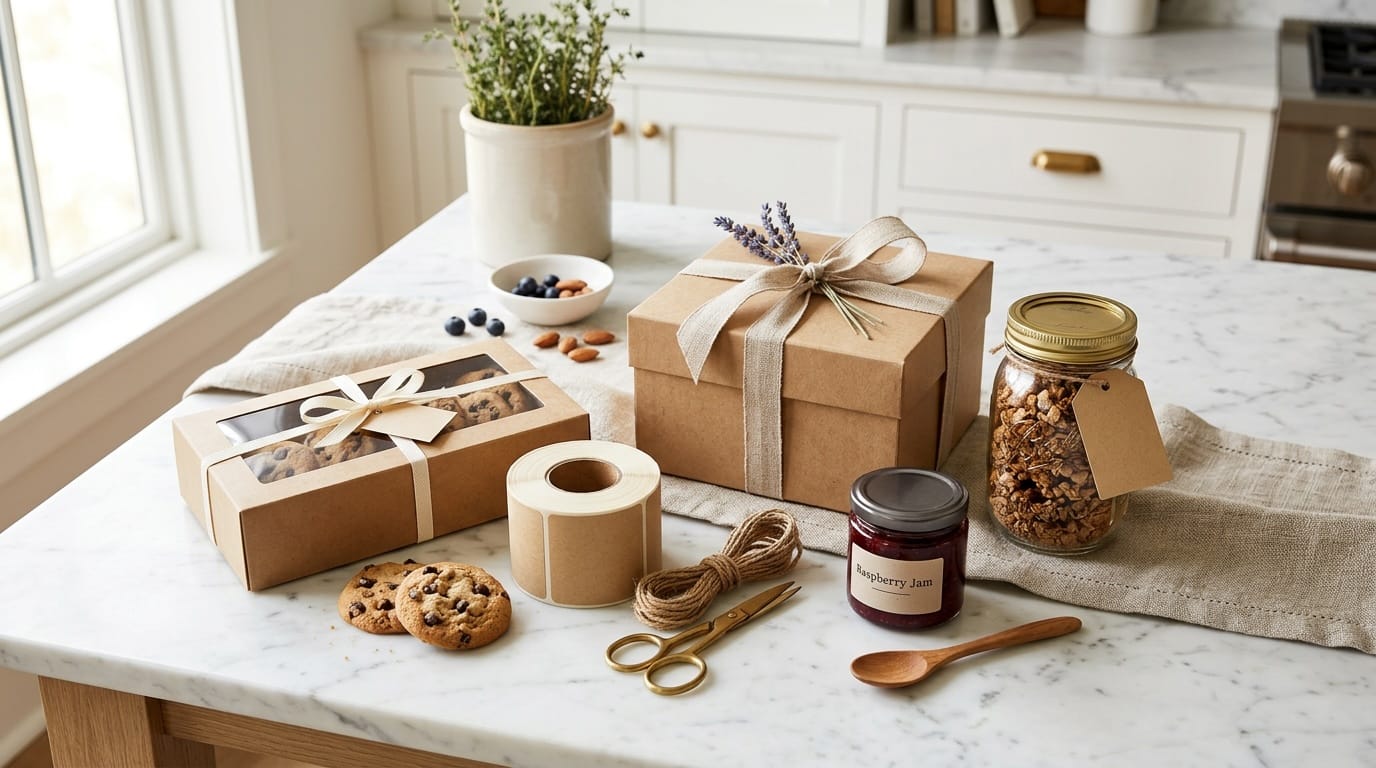 Artisan jars and kraft boxes with linen ribbon on a marble counter for cottage food packaging Artisan jars and kraft boxes with linen ribbon on a marble counter for cottage food packaging