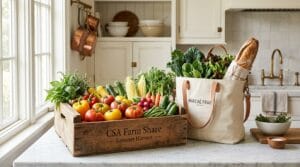 A wooden CSA share box of vegetables beside a market tote on a kitchen counter