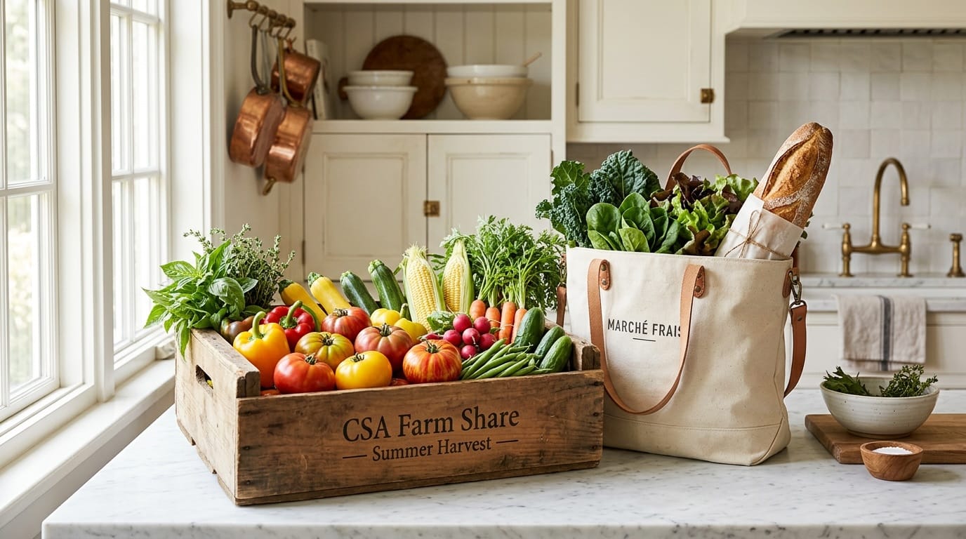 A wooden CSA share box of vegetables beside a market tote on a kitchen counter
