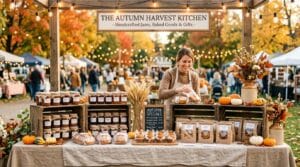 Cottage food vendor booth with jars and baked goods at an autumn craft fair