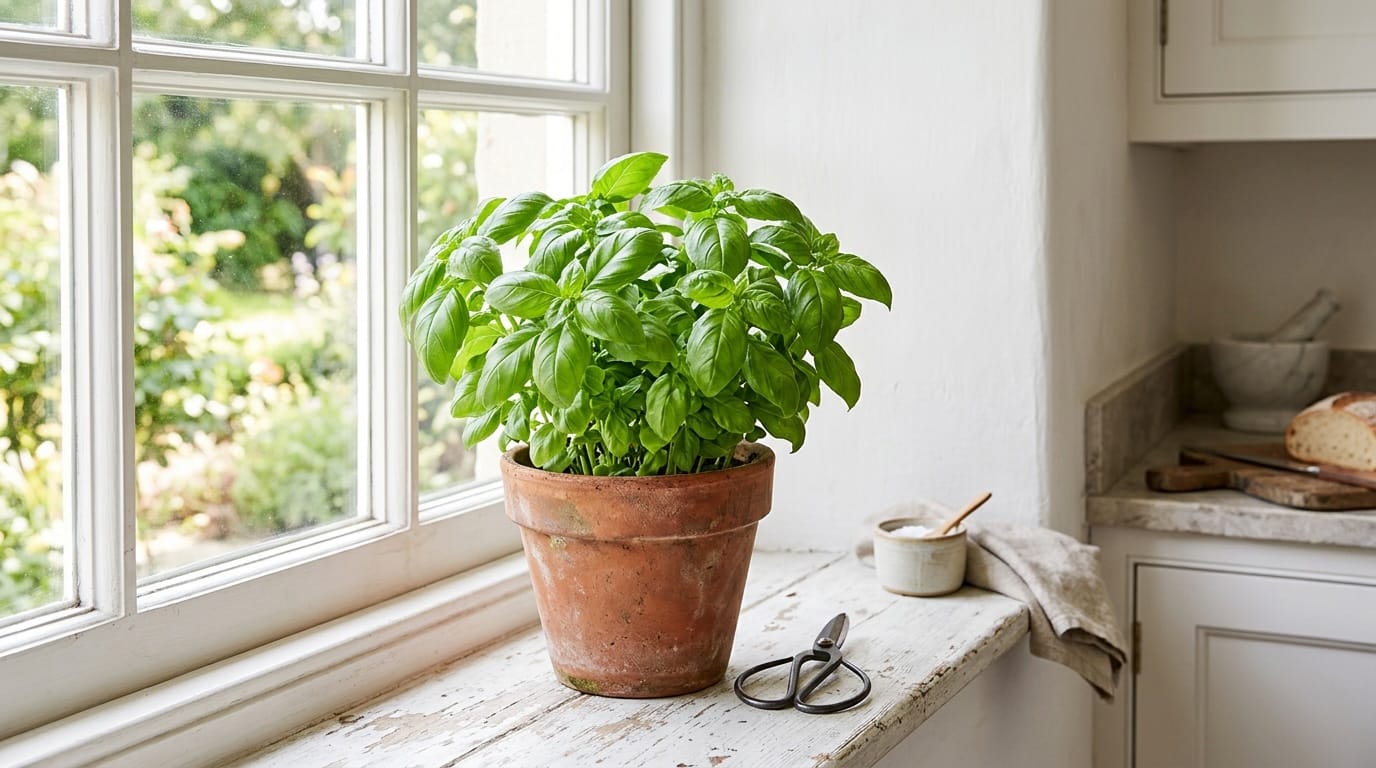 Lush green basil plant growing in a terracotta pot on a sunny kitchen windowsill Lush green basil plant growing in a terracotta pot on a sunny kitchen windowsill