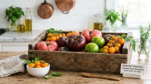 Assorted heirloom tomatoes in a wooden crate at a farmers market stall