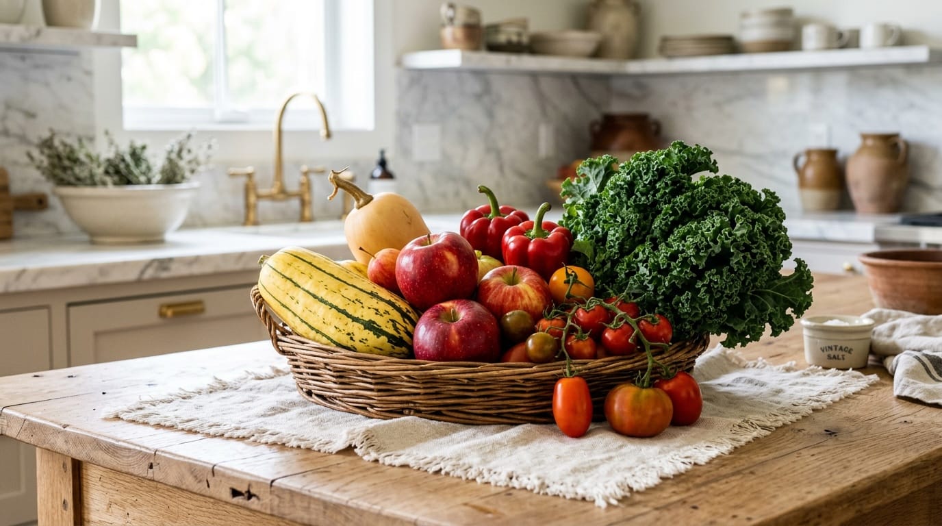 Early autumn farmers market table with apples, winter squash, peppers and late tomatoes