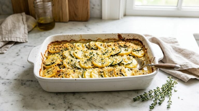 Golden summer squash gratin with Gruyere and herbed breadcrumbs in a white baking dish