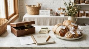 A cottage food market booth with cash box and wrapped baked goods