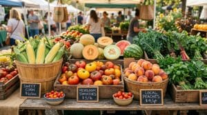 An August farmers market table overflowing with corn, tomatoes and melons