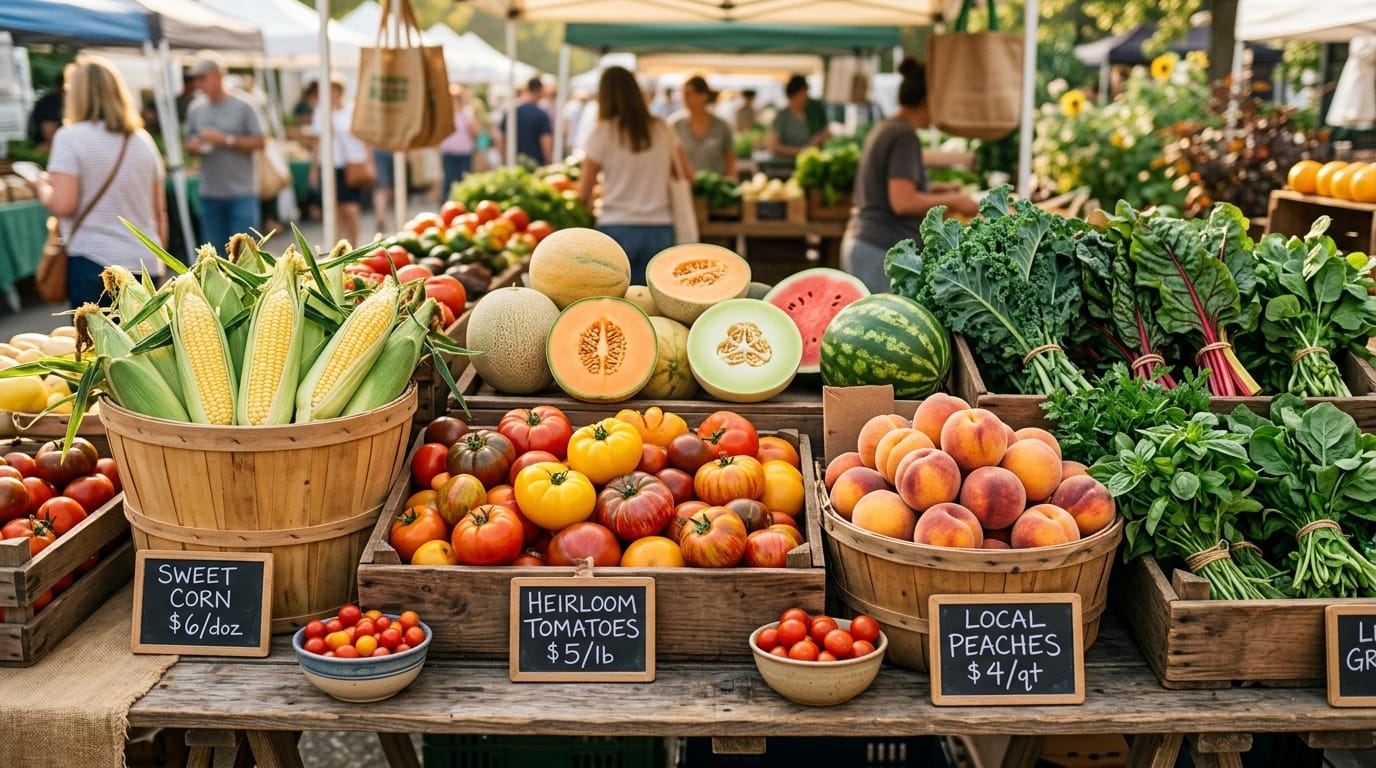 An August farmers market table overflowing with corn, tomatoes and melons