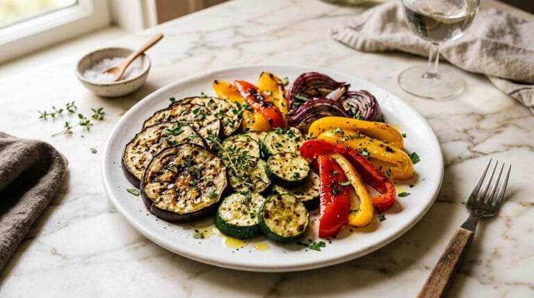 A platter of char-grilled eggplant, zucchini and peppers
