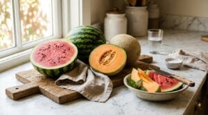 Ripe cantaloupe and watermelon on an oak cutting board