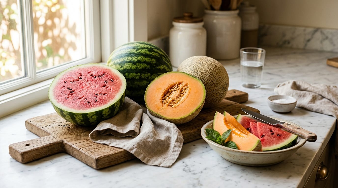 Ripe cantaloupe and watermelon on an oak cutting board