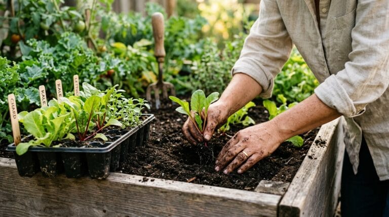 Hands planting leafy green seedlings in a late-summer garden bed