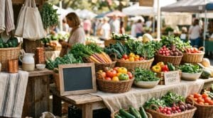 A welcoming farmers market produce stall with baskets of vegetables