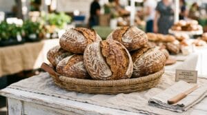 Fresh artisan sourdough loaves stacked at a farmers market table