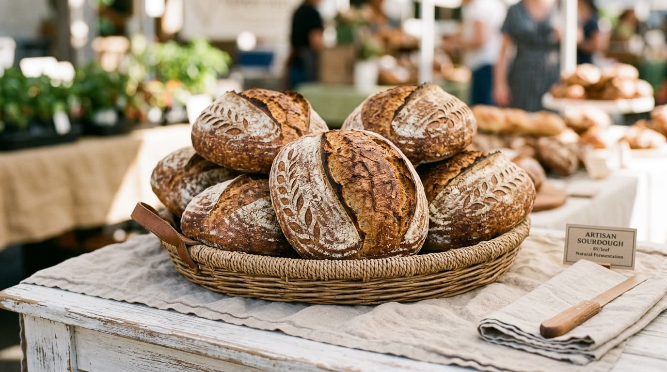 Selling Sourdough at the Farmers Market Fresh artisan sourdough loaves stacked at a farmers market table