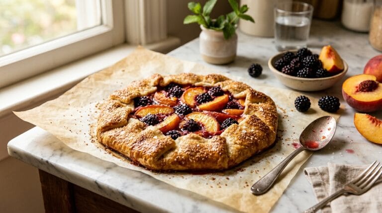 A golden peach and blackberry galette on parchment
