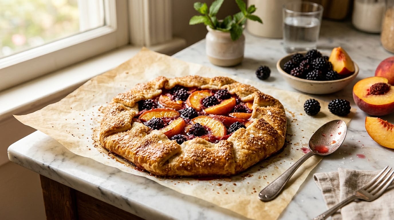 A golden peach and blackberry galette on parchment