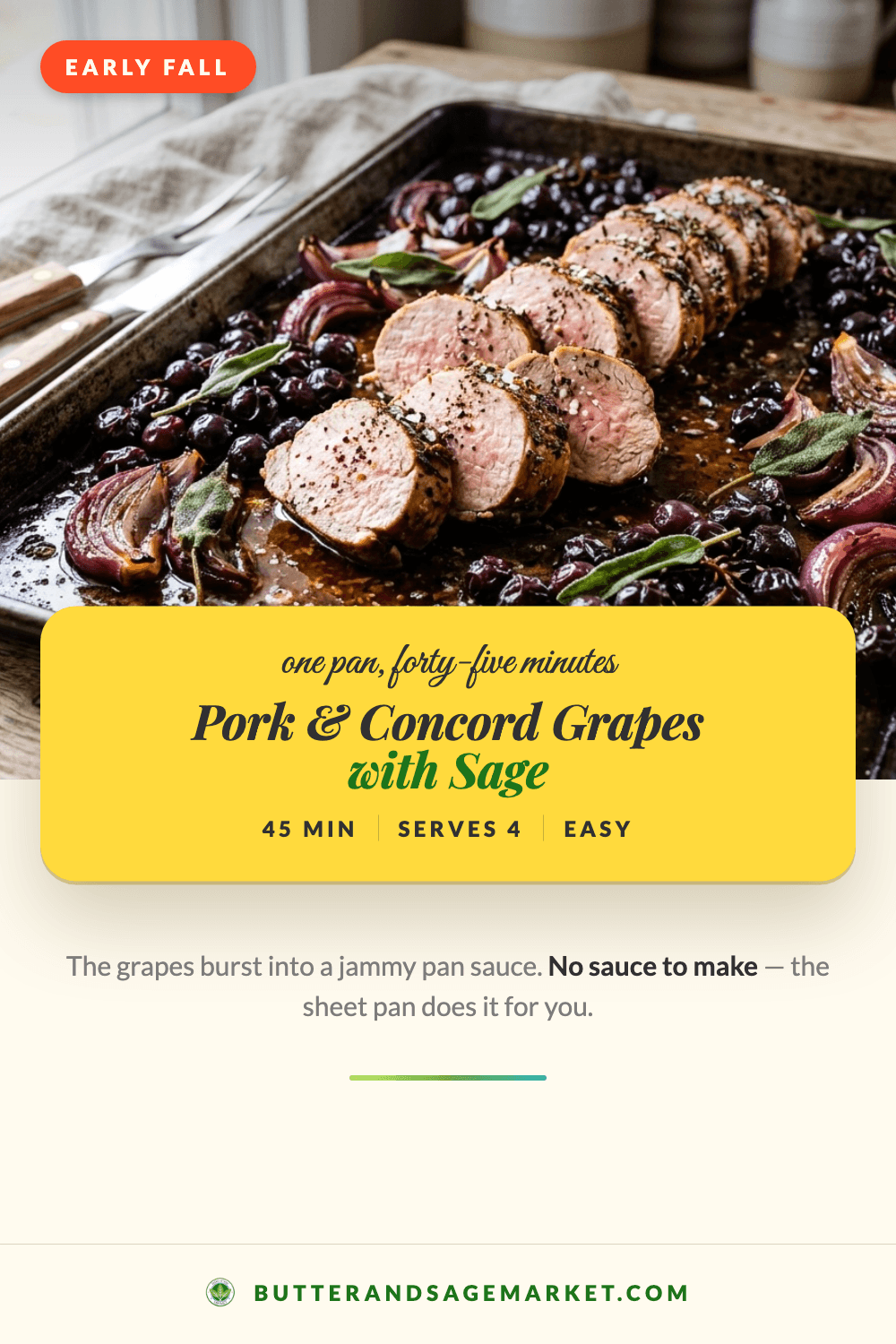 Sheet-Pan Pork Tenderloin with Concord Grapes, Onions, and Sage