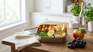 A packed school lunch of farmers market cherry tomatoes, snap peas, cheddar, egg, and apple slices