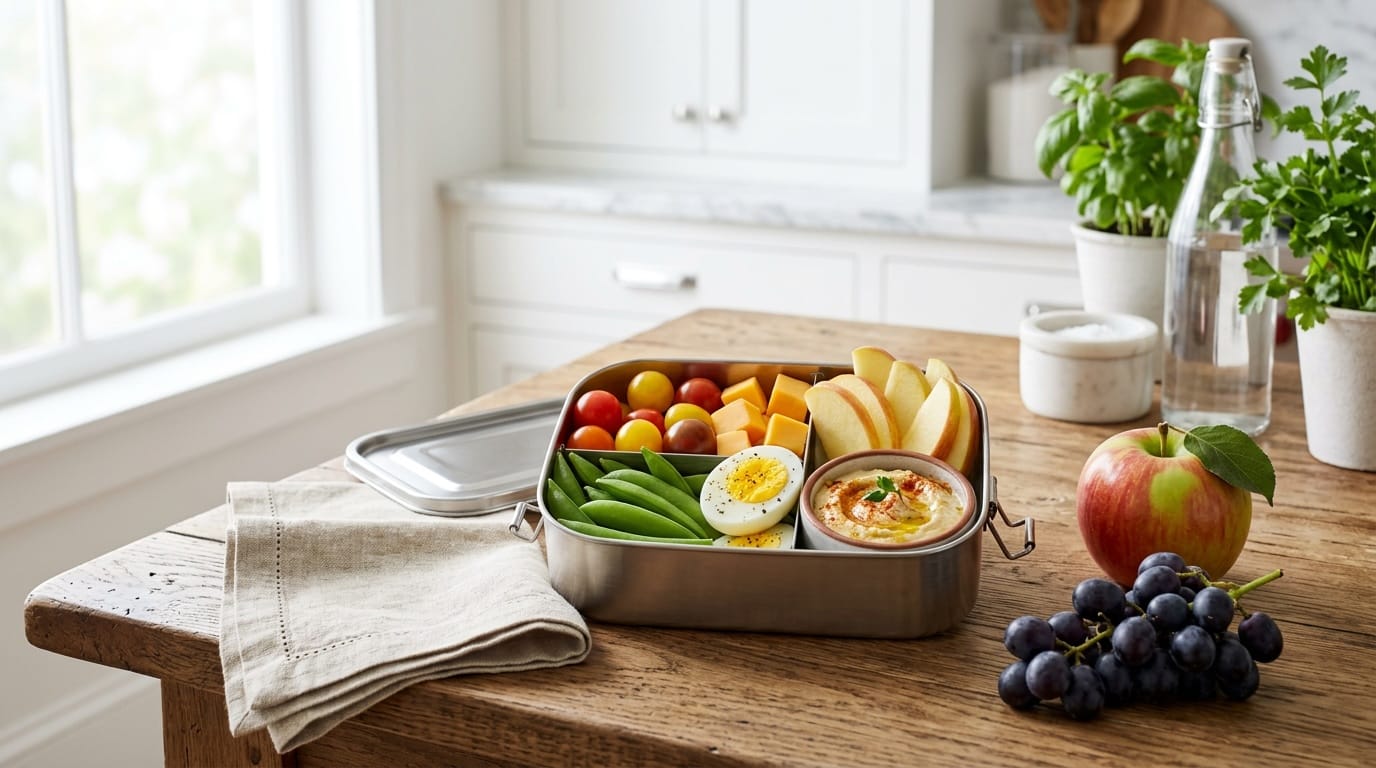 A packed school lunch of farmers market cherry tomatoes, snap peas, cheddar, egg, and apple slices