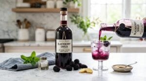 Bottles of deep purple blackberry ginger shrub with fresh blackberries and ginger on marble