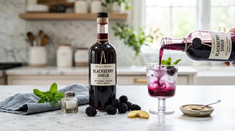 Bottles of deep purple blackberry ginger shrub with fresh blackberries and ginger on marble