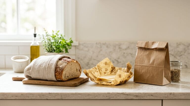 A crusty homemade loaf wrapped in a linen bread bag on a marble counter, cut side down