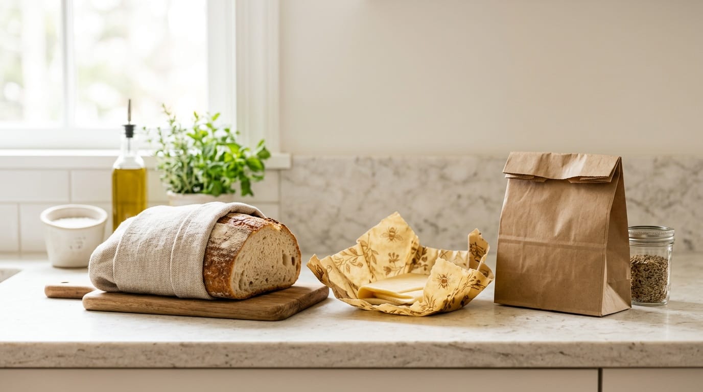 A crusty homemade loaf wrapped in a linen bread bag on a marble counter, cut side down