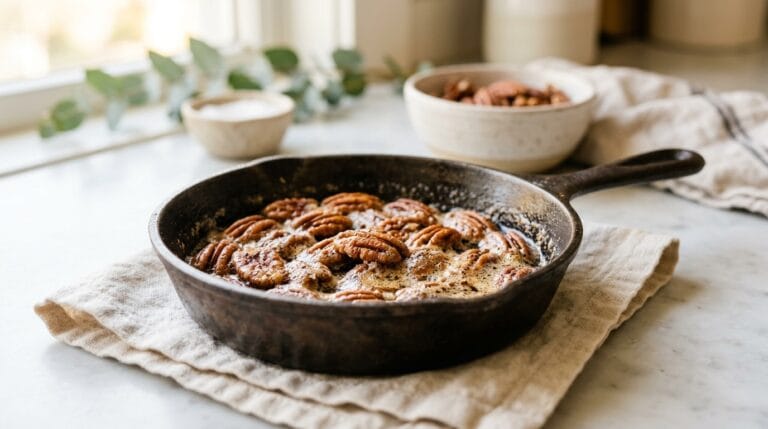 Toasted pecans glossy with brown butter and maple in a cast iron skillet with flaky salt