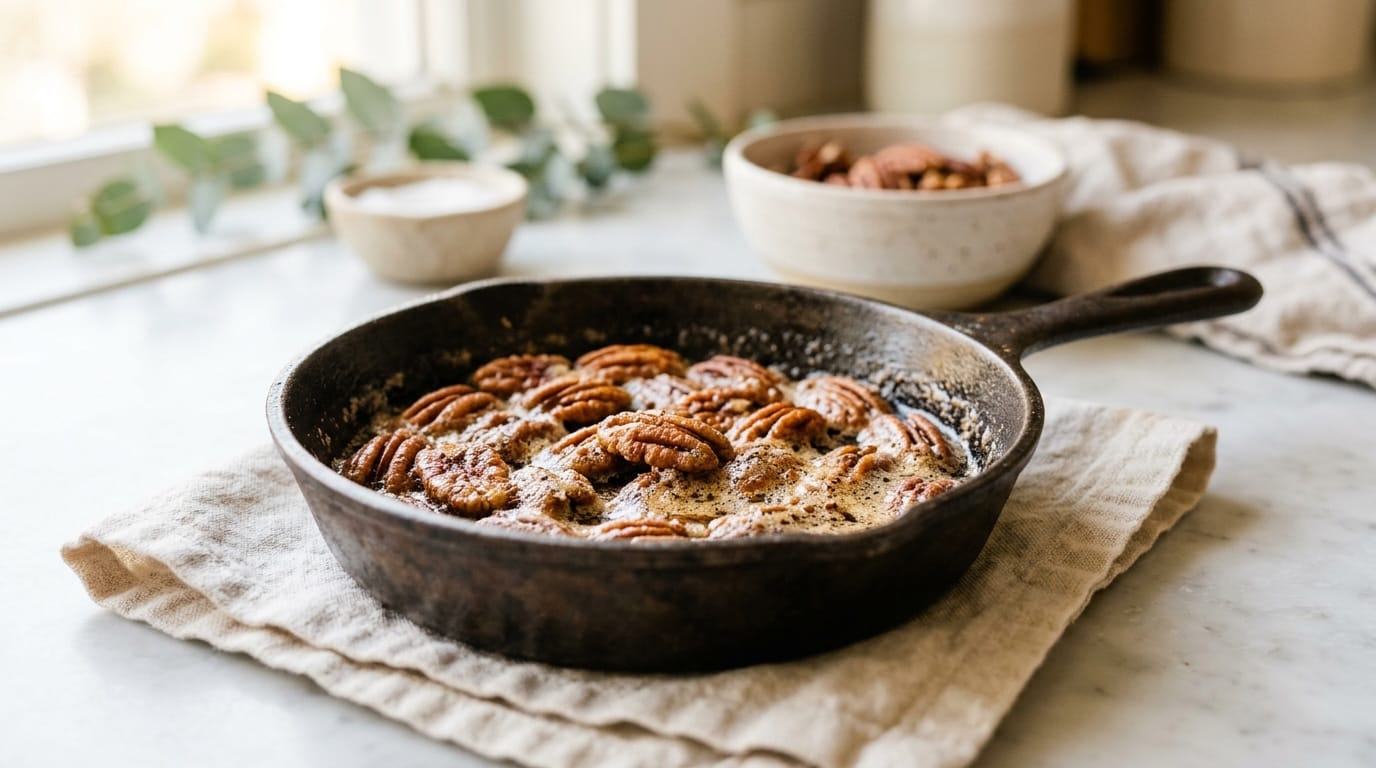 Toasted pecans glossy with brown butter and maple in a cast iron skillet with flaky salt