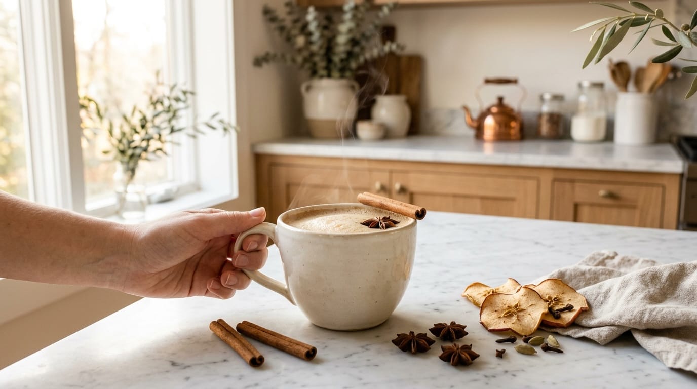 A mug of hot cider chai with a cinnamon stick and star anise beside a saucepan of spiced cider