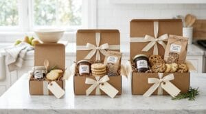 Three tiered artisan gift boxes with cookies, jam, and granola arranged for corporate holiday orders
