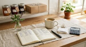 A tidy kitchen desk with a notebook of numbers, receipts, a calculator, and jars of preserves nearby