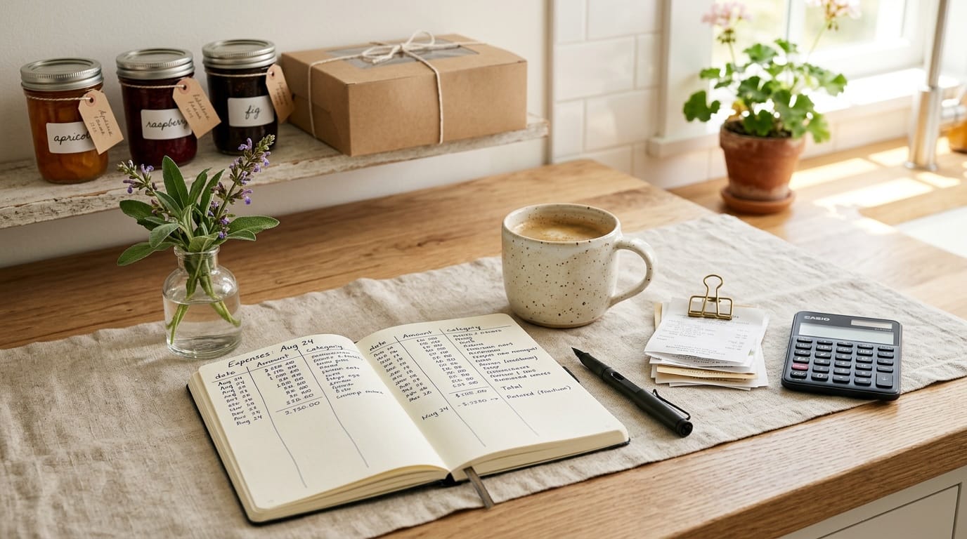 A tidy kitchen desk with a notebook of numbers, receipts, a calculator, and jars of preserves nearby