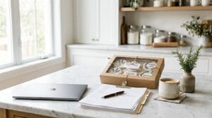 Neatly organized cottage food business paperwork on a marble counter beside packaged cookies