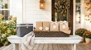 Labeled kraft bakery boxes and bags arranged in a basket on a porch for cottage food order pickup