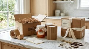 A packing station with kraft boxes, jars wrapped in paper, tissue, and shipping labels on a marble counter