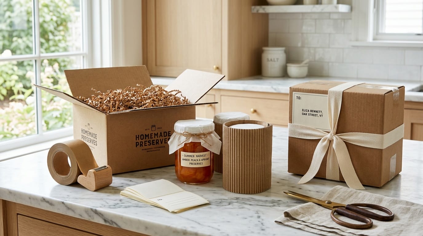 A packing station with kraft boxes, jars wrapped in paper, tissue, and shipping labels on a marble counter